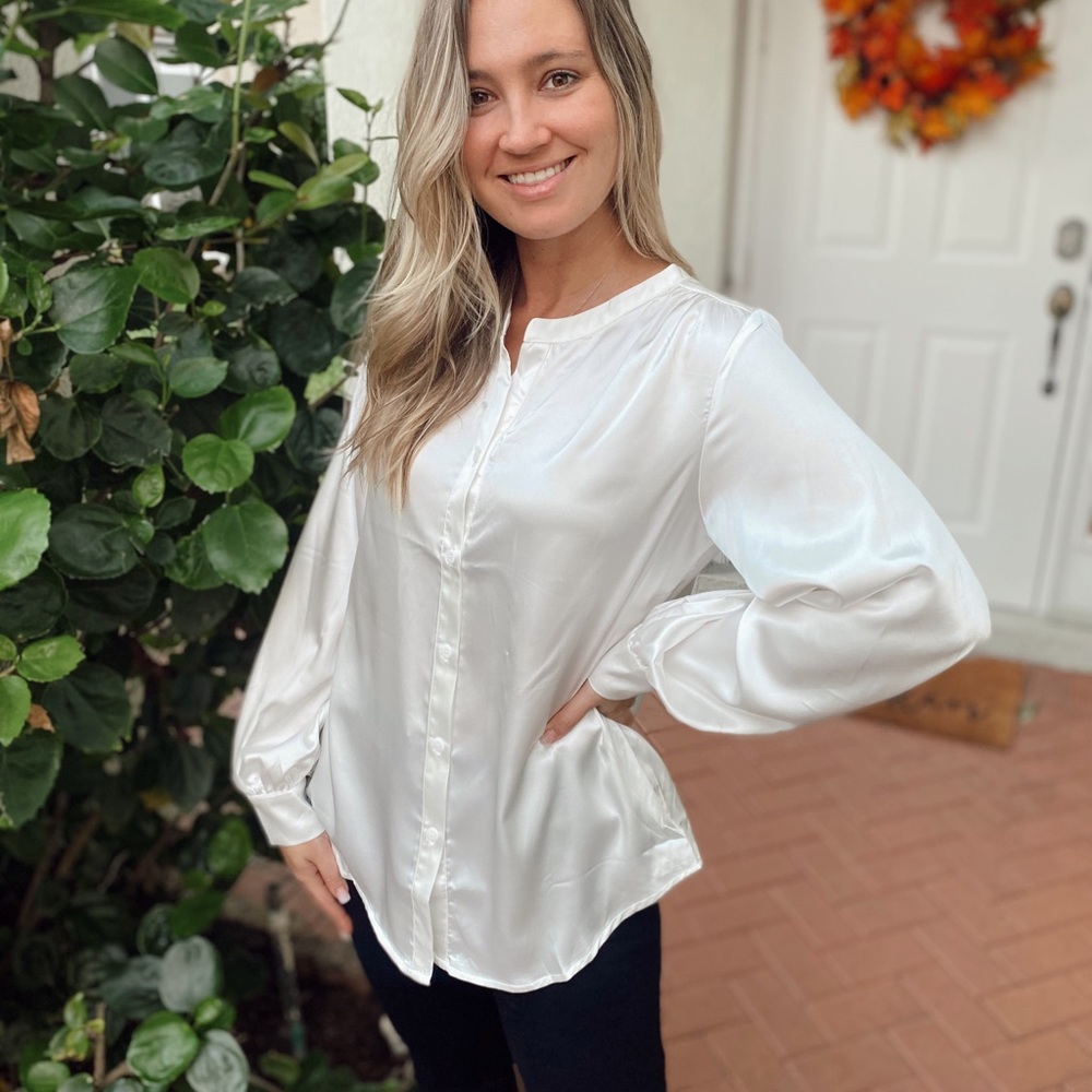 White silk work blouse collarless